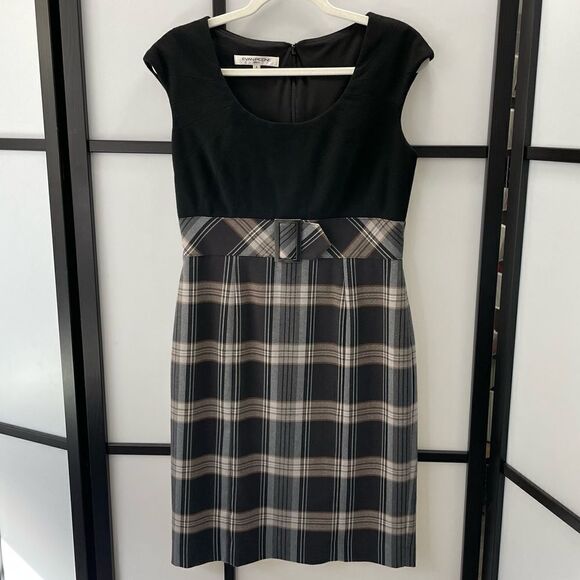 [6] Evan Picone Neutral Tone Plaid Sleeveless Belted Midi Dress Black Tan & Grey - Picture 1 of 16